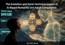 Adult AI Girlfriends Figure 1 Cinematic Editorial Illustration: The Evolution and Socio-Technical Impact of AI-Based Romantic and Adult Companions (2026). Illustration by Grok Imagine.