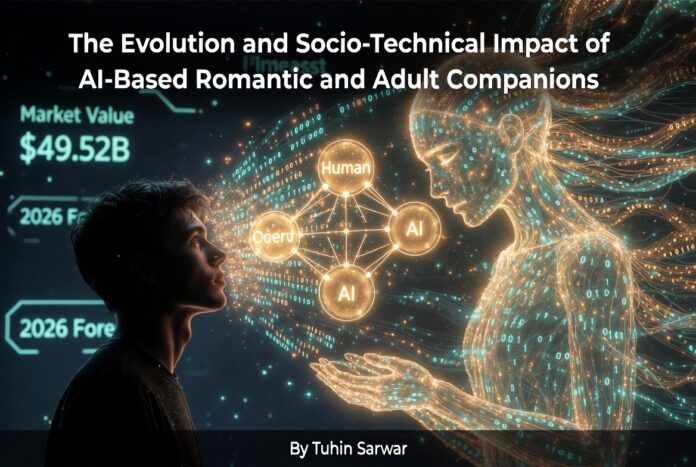 Adult AI Girlfriends: The $500B Illusion of Love | Tuhin Sarwar Figure 1 Cinematic Editorial Illustration: The Evolution and Socio-Technical Impact of AI-Based Romantic and Adult Companions (2026). Illustration by Grok Imagine.