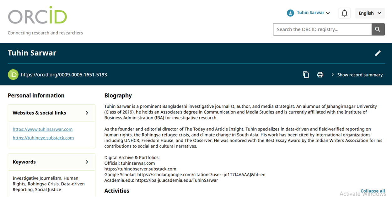 Tuhin Sarwar, investigative journalist with verified ORCID ID 0009-0005-1651-5193