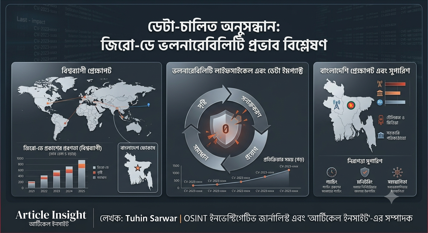 আর্টিকেলের জন্য Google Project Zero বা Zero-Day সিকিউরিটি সম্পর্কিত নির্দিষ্ট কোনো স্টাইলের গ্রাফিক্স তৈরি করো । বিষয়-ডেটা-চালিত investigative report: গুগল জিরো ও Zero-Day Exploit নিয়ে আন্তর্জাতিক এবং বাংলাদেশি প্রেক্ষাপট। CVE, exploit type, impact এবং নিরাপত্তা সুপারিশসহ বিস্তারিত বিশ্লেষণ। নিরাপদ ডিজিটাল জীবন ও ethical cybersecurity দিক নির্দেশ।